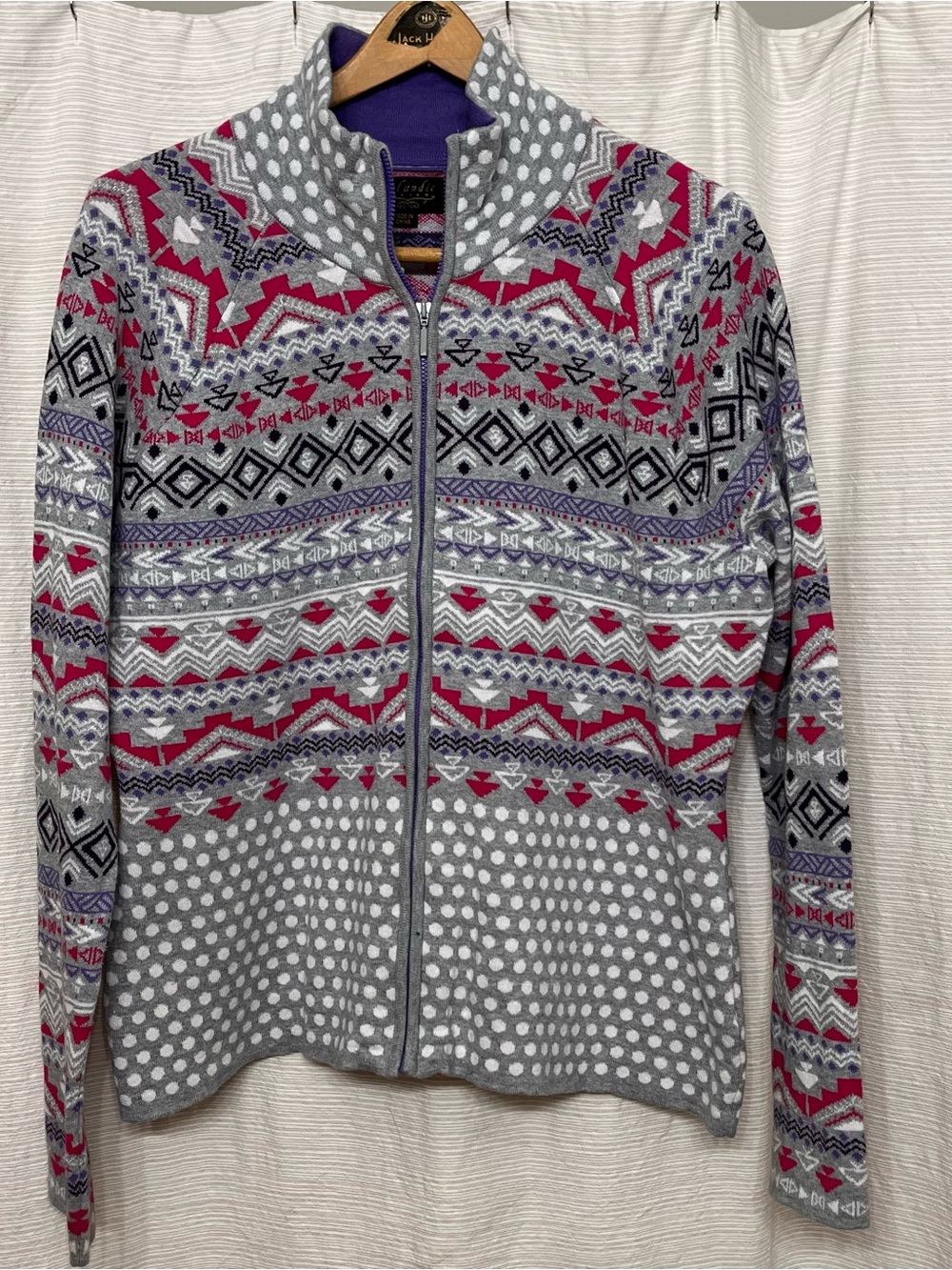 Icelandic Design Women’s Zip-Up Fair Isle Sweater Jacket - Gray & Pink